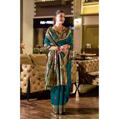 Women's Silk Blend Zari Woven Saree With Unstitched Blouse 5.5Mtr (Teal)