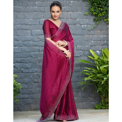 Women's Rangoli Diamond Weaving - Stone Work Saree With Unstitched Blouse 5.5Mtr (Maroon)