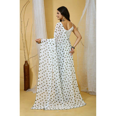 Women's Georgette Printed Saree With Unstitched Blouse 5.5Mtr (White-Grey)