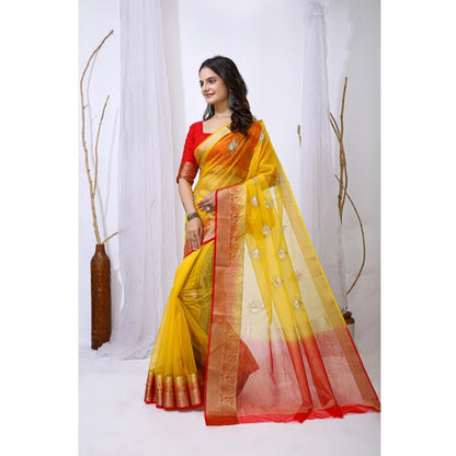 Women's Organza jacquard Embellished Saree With Unstitched Blouse 5.5Mtr (Yellow)