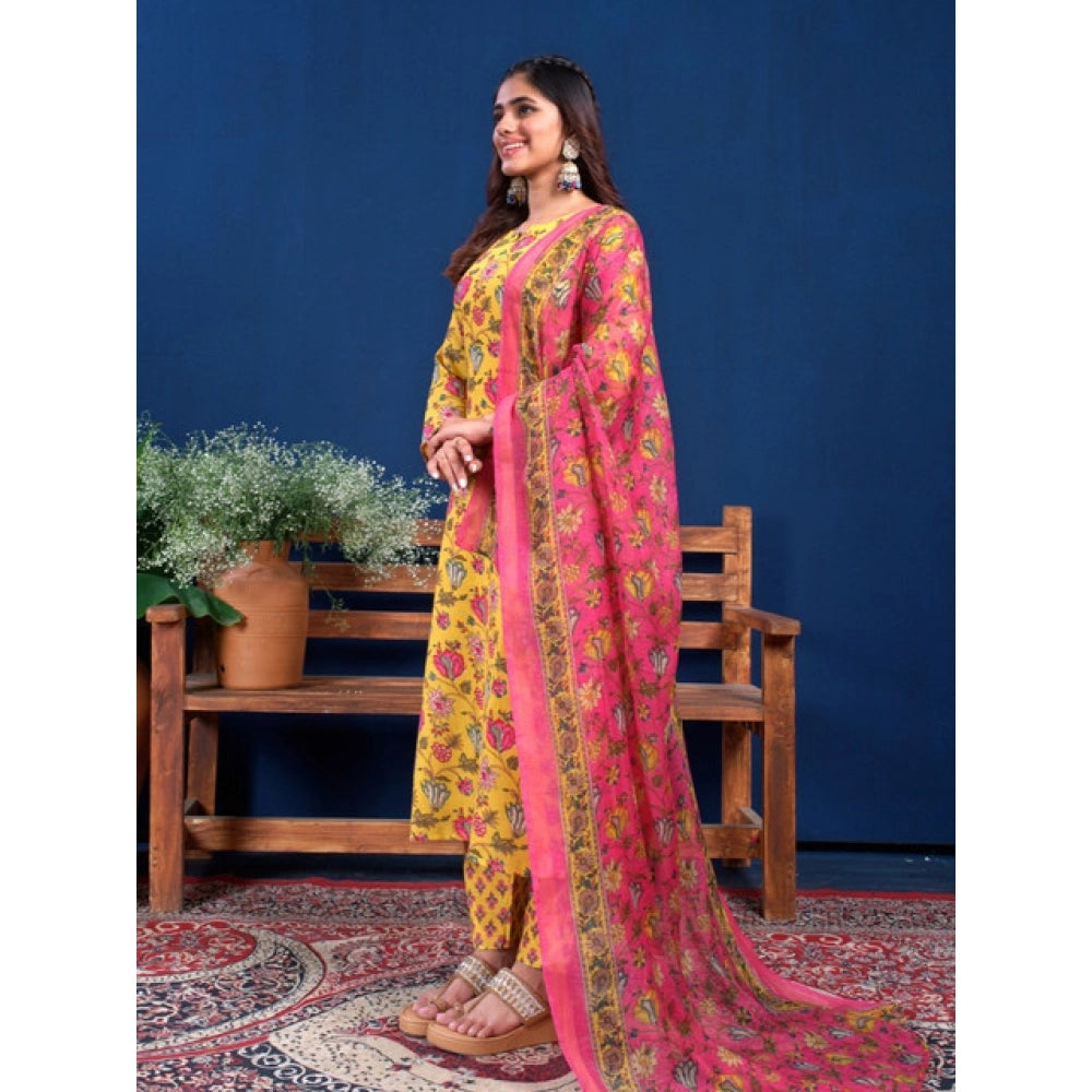 Women's Cotton Blend Printed Kurti With Pant Dupatta Set (Yellow)