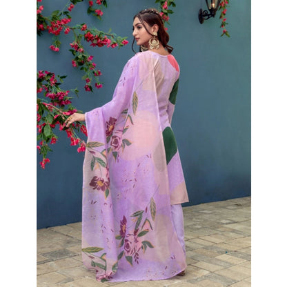 Women's Cotton Blend Printed Kurti With Pant Dupatta Set (Lavender)