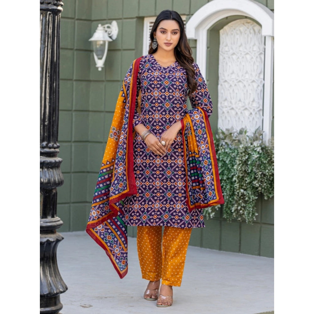 Women's Cotton Blend Printed Kurti With Pant Dupatta Set (Navy Blue)