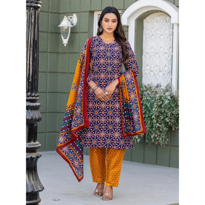 Women's Cotton Blend Printed Kurti With Pant Dupatta Set (Navy Blue)