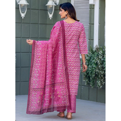 Women's Cotton Blend Printed Kurti With Pant Dupatta Set (Pink)