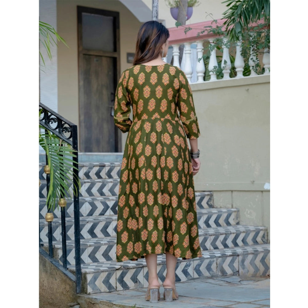 Women's Rayon Print With Embroidery Work A-Line Kurti (Dark Green)