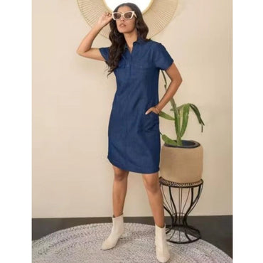 Women's Casual Denim Half Sleeves Dress (Blue)
