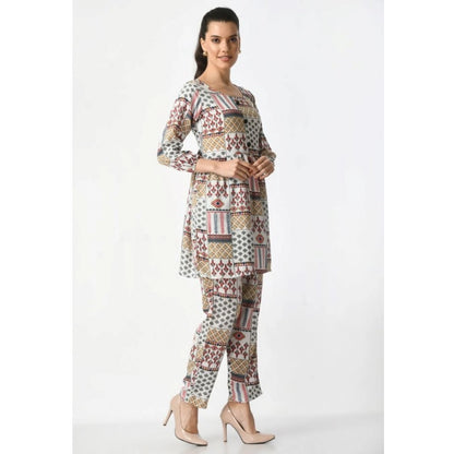 Women's Casual Crepe 3-4th Sleeves Cord Set (White)