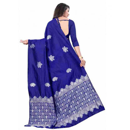 Women's Soft Lichi Silk Printed Saree With Unstitched Blouse 5.5Mtr (Blue)