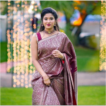 Women's Soft Lichi Silk Printed Saree With Unstitched Blouse 5.5Mtr (Wine)