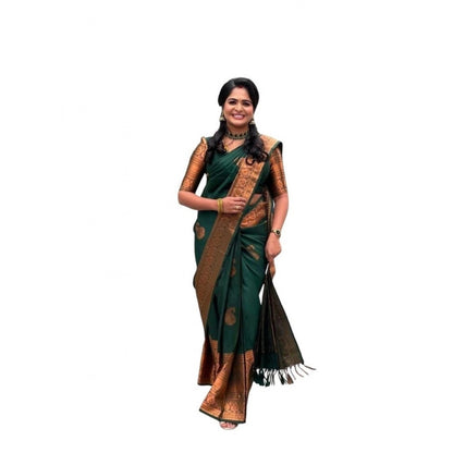 Women's Soft Lichi Silk Printed Saree With Unstitched Blouse 5.5Mtr (Green)