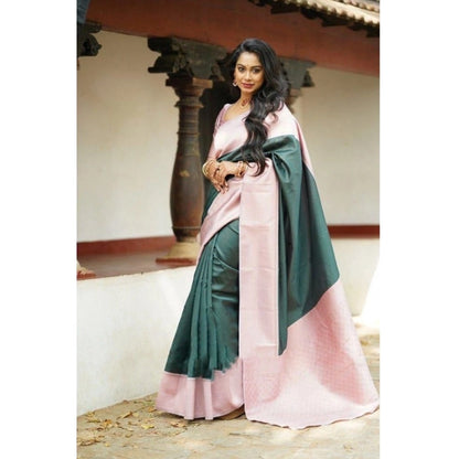 Women's Soft Lichi Silk Printed Saree With Unstitched Blouse 5.5Mtr (Green)