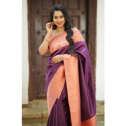 Women's Soft Lichi Silk Printed Saree With Unstitched Blouse 5.5Mtr (Purple)