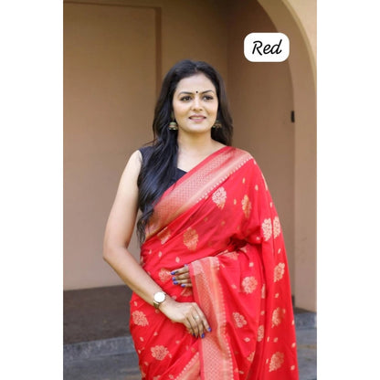Women's Soft Lichi Silk Printed Saree With Unstitched Blouse 5.5Mtr (Red)