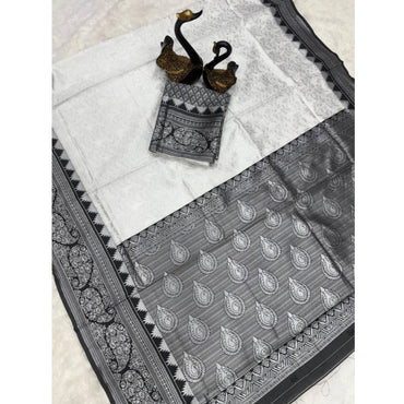 Women's Soft Lichi Silk Printed Saree With Unstitched Blouse 5.5Mtr (Off-White)