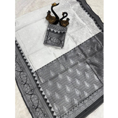 Women's Soft Lichi Silk Printed Saree With Unstitched Blouse 5.5Mtr (Off-White)