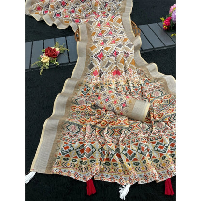 Women's Linen Cotton  Printed Saree With Unstitched Blouse 5.5Mtr (Cream)