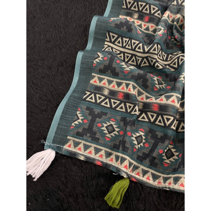 Women's Linen Cotton  Printed Saree With Unstitched Blouse 5.5Mtr (Blue)