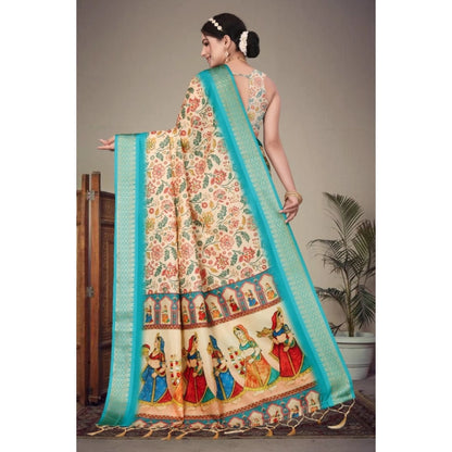 Women's Cotton Silk  Printed Saree With Unstitched Blouse 5.5Mtr (Sky Blue)