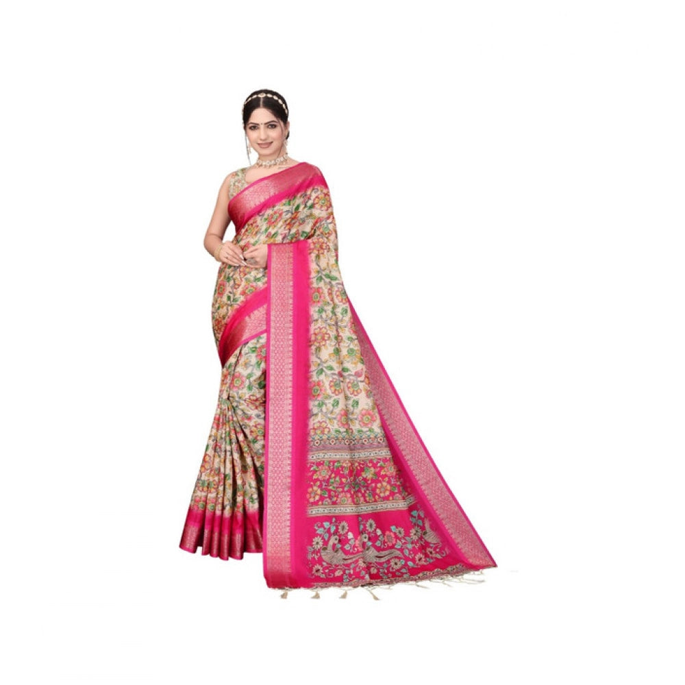 Women's Cotton Silk  Printed Saree With Unstitched Blouse 5.5Mtr (Pink)