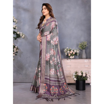 Women's Cotton Silk  Printed Saree With Unstitched Blouse 5.5Mtr (Wine )