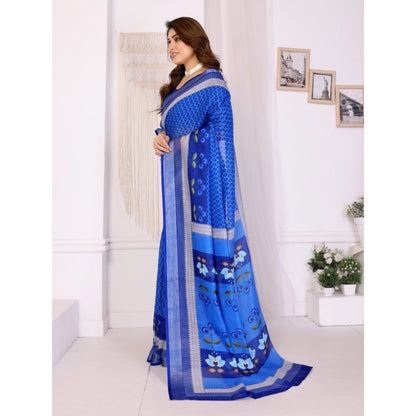 Women's Linen Cotton  Printed Saree With Unstitched Blouse 5.5Mtr (Blue)