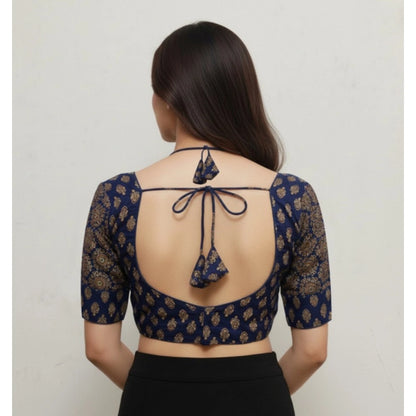 Women's Ajrakh Cotton Printed Sweetheart Padded Blouse (Navy 38 Ready (Self Alterable 36–40)