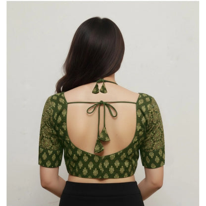 Women's Ajrakh Cotton Printed Sweetheart Padded Blouse (Olive 38 Ready (Self Alterable 36–40)