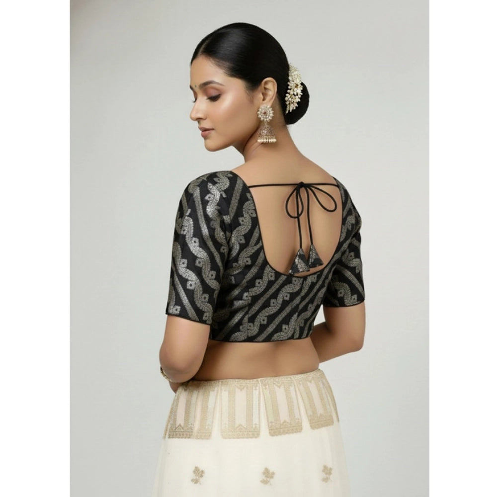 Women's Jacquard Zari Round Neck Padded Blouse (Black 38 Ready (Self Alterable 36–40)