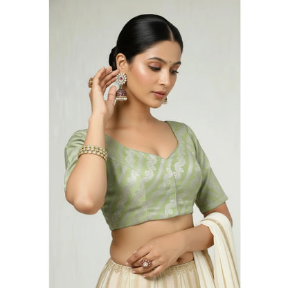 Women's Jacquard Zari Round Neck Padded Blouse (Light Green 38 Ready (Self Alterable 36–40)