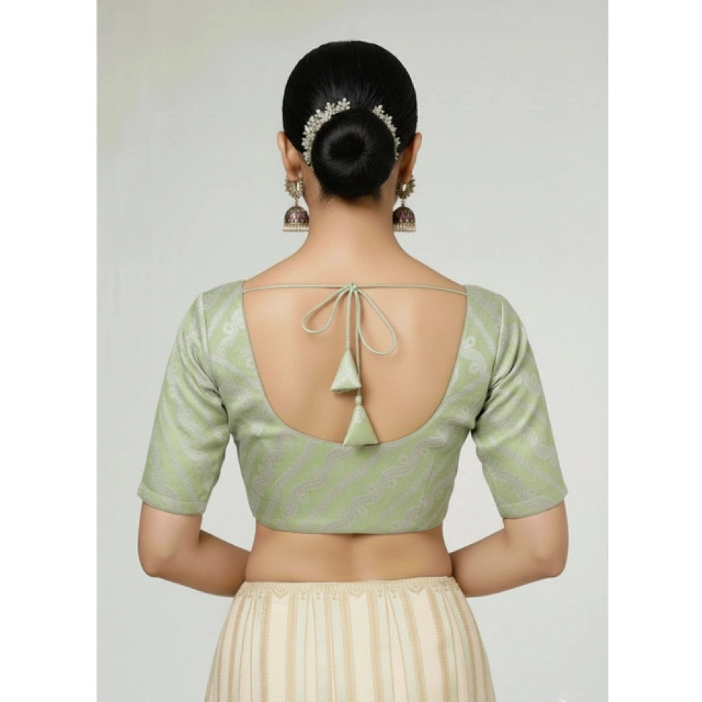 Women's Jacquard Zari Round Neck Padded Blouse (Light Green 38 Ready (Self Alterable 36–40)