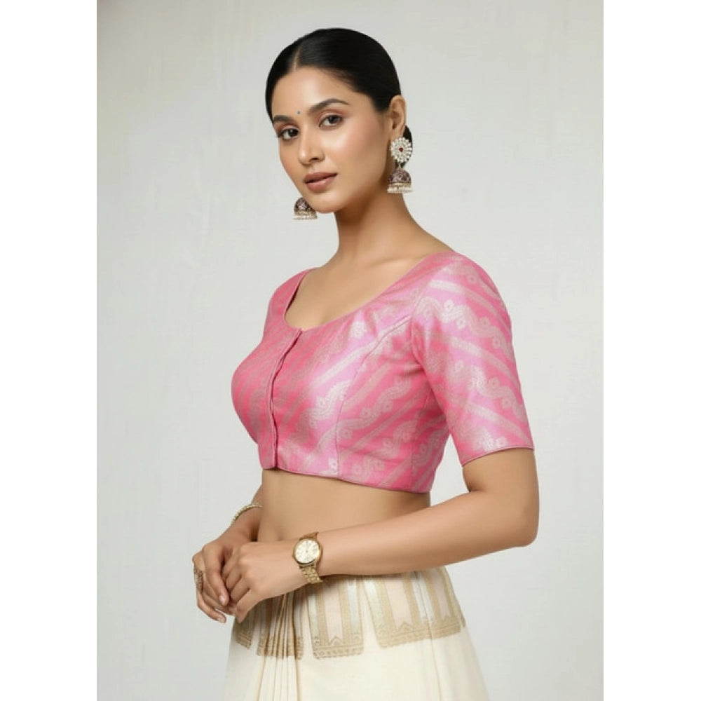 Women's Jacquard Zari Round Neck Padded Blouse (Light Pink 38 Ready (Self Alterable 36–40)