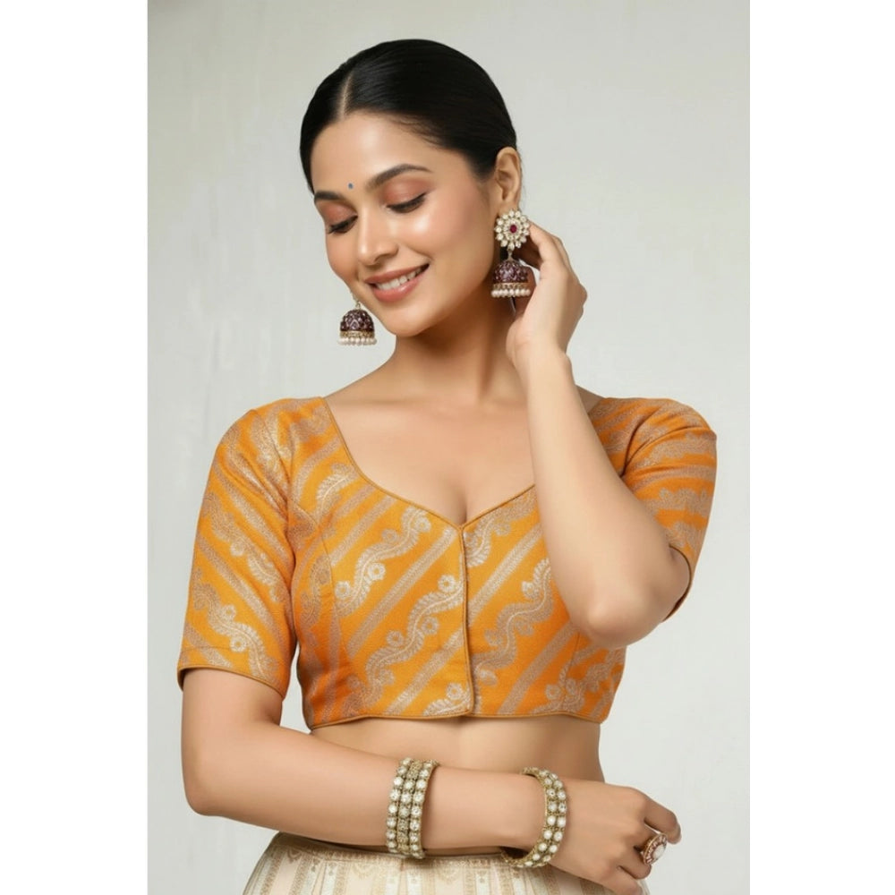 Women's Jacquard Zari Round Neck Padded Blouse (Orange 38 Ready (Self Alterable 36–40)