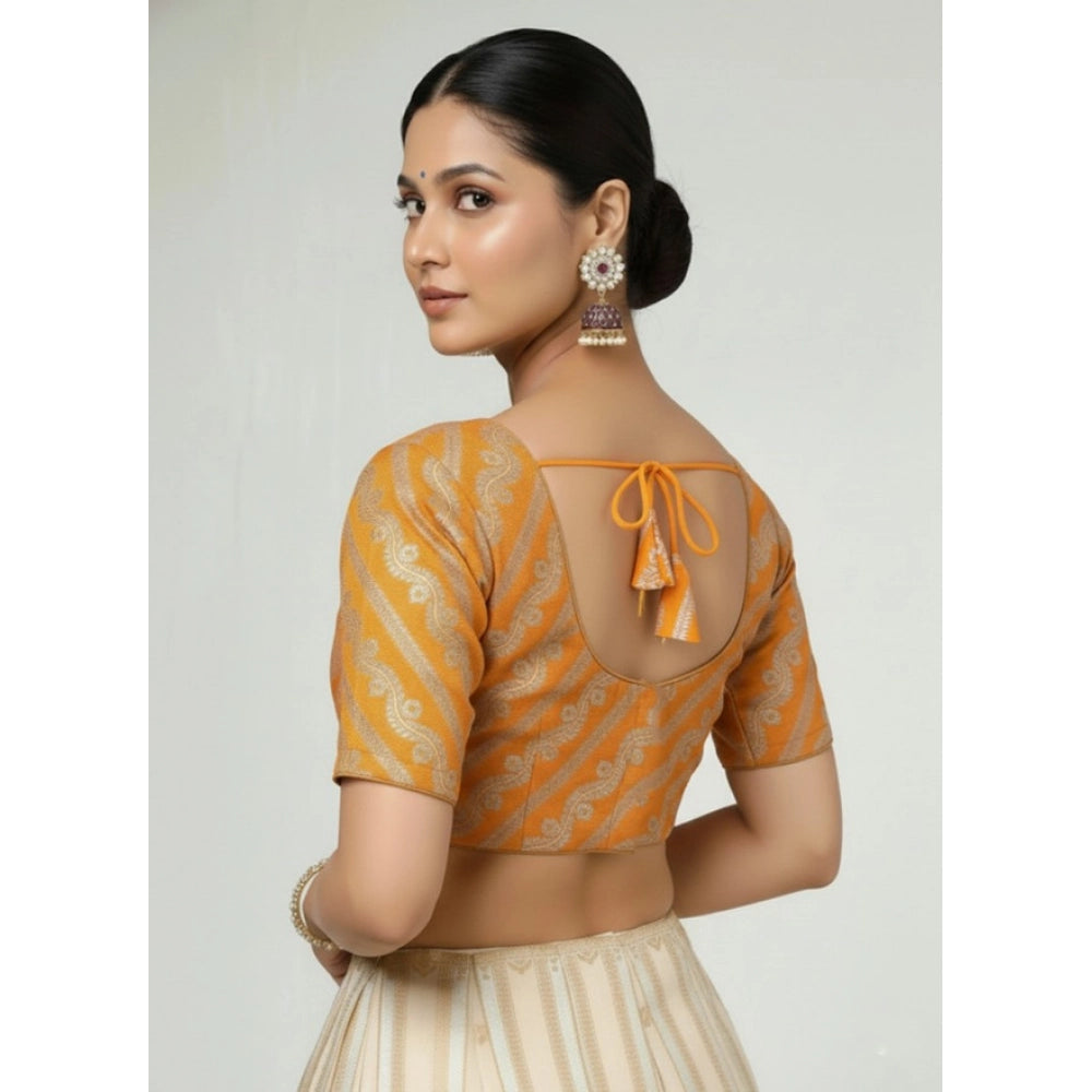 Women's Jacquard Zari Round Neck Padded Blouse (Orange 38 Ready (Self Alterable 36–40)
