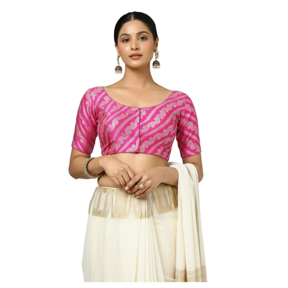 Women's Jacquard Zari Round Neck Padded Blouse (Pink 38 Ready (Self Alterable 36–40)