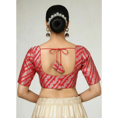 Women's Jacquard Zari Round Neck Padded Blouse (Red 38 Ready (Self Alterable 36–40)