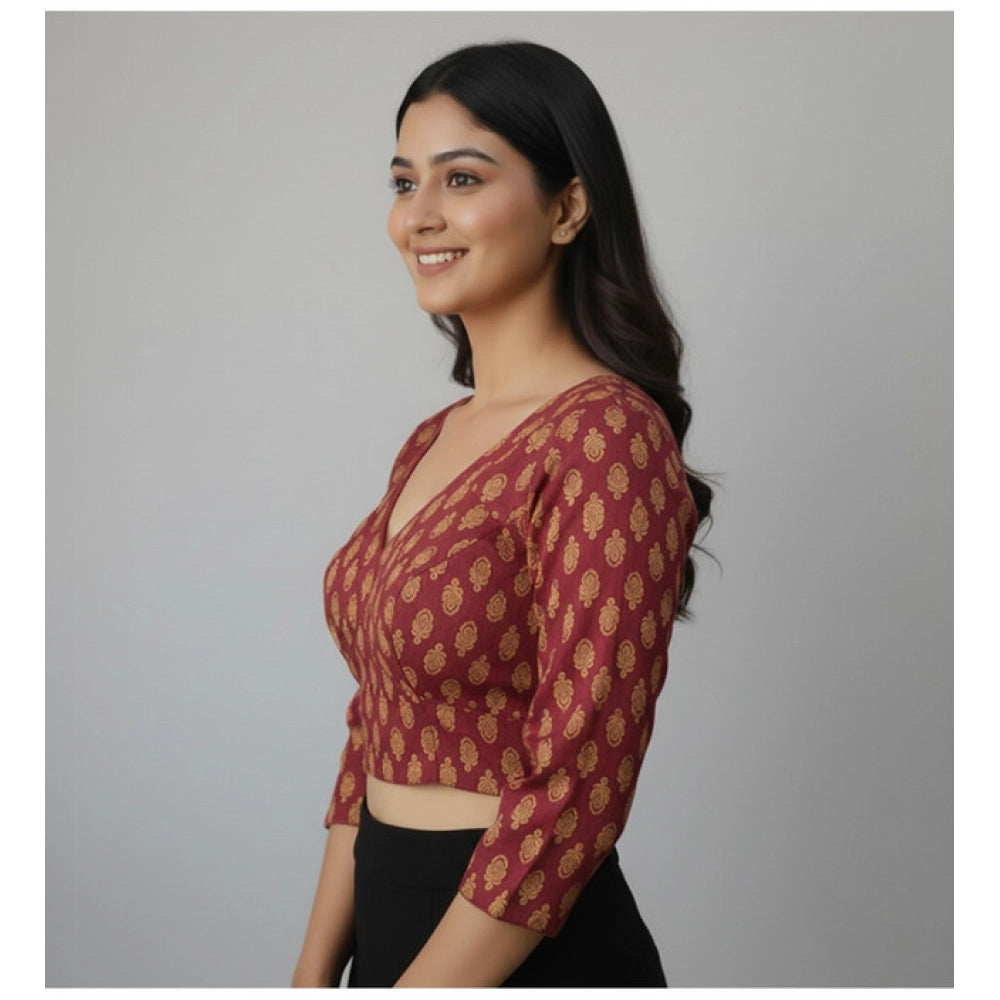 Women's Ajrakh Cotton Printed Halter Neck Padded Blouse (Maroon 38 Ready (Self Alterable 36–40)