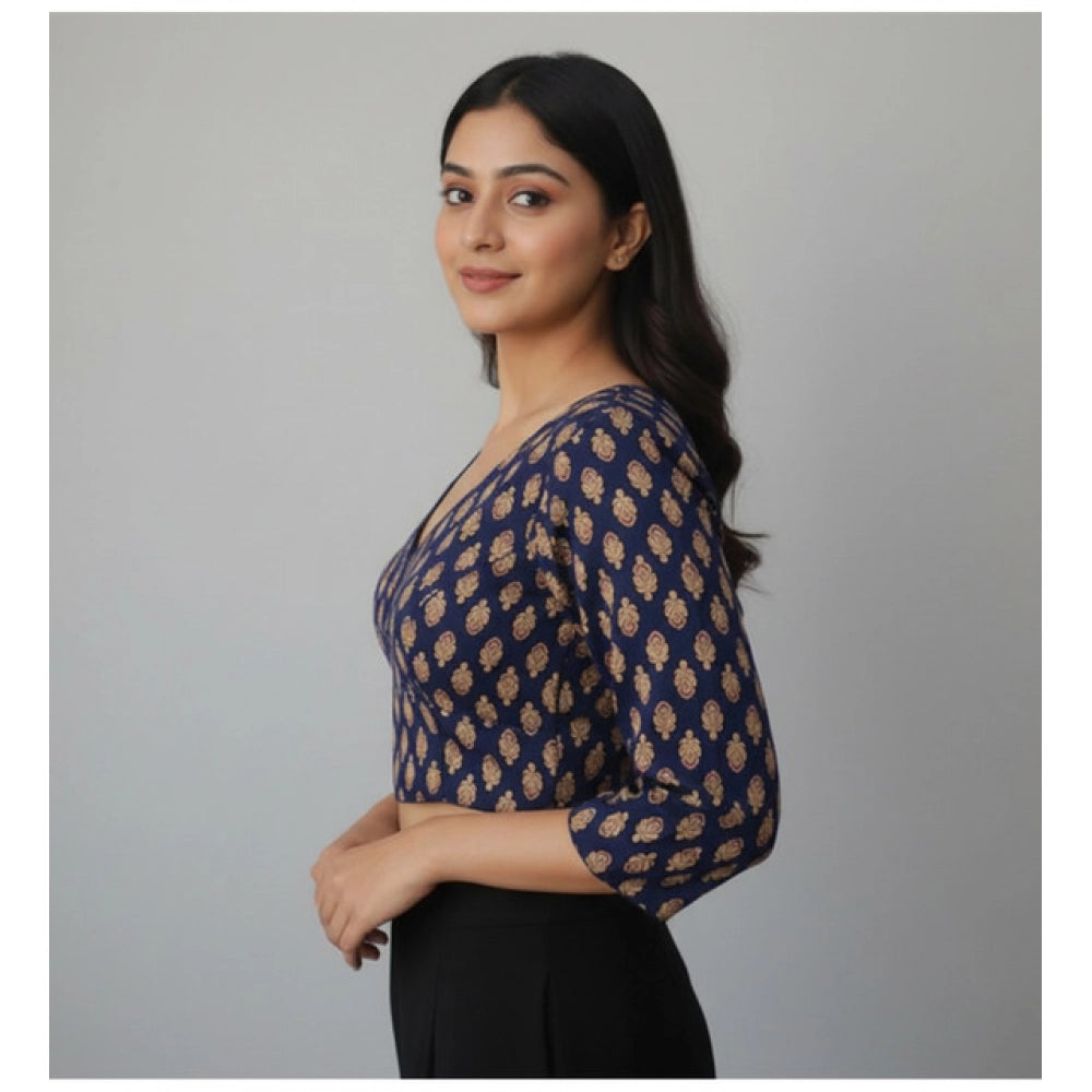 Women's Ajrakh Cotton Printed Halter Neck Padded Blouse (Navy 38 Ready (Self Alterable 36–40)